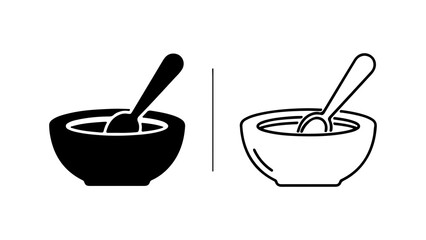 A set of two food icons, one a black solid silhouette and the other a white outline, both showing a bowl with a spoon.