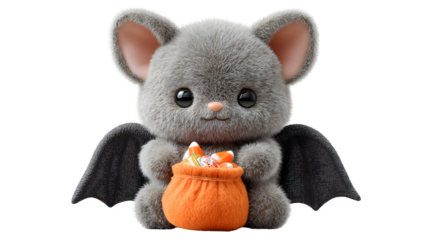 Cute plush bat holding Halloween candy bag as gift, isolated on white background