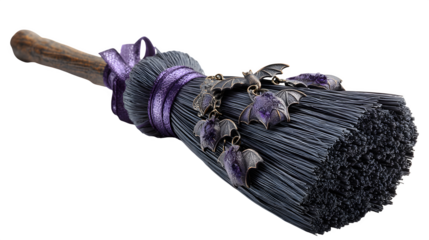 Decorative witch broom with purple ribbons and bat charms, isolated on white background
