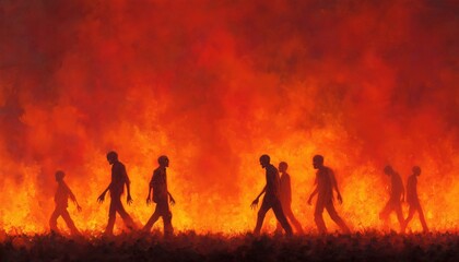 Fototapeta premium Zombies Strolling Amidst Burning Flames In A Painting - This Artwork Depicts Undead Creatures Casually Walking Through Fiery Flames.