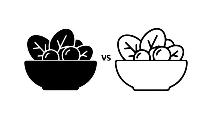 Salad bowl icons presented in two styles: solid black glyph and simple black outline, showing a comparison.