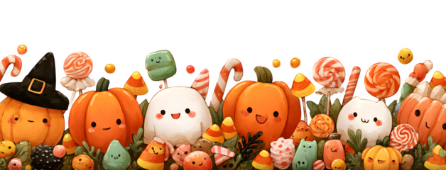 Cute cartoon border with pumpkins, candy corn, gummy worms, and lollipops, isolated on white
