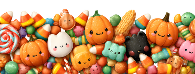 Cute cartoon border with pumpkins, candy corn, gummy worms, and lollipops, isolated on white