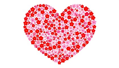 A heart shape formed by many small, vibrant flowers in shades of pink and red against a pristine white background