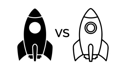 A black filled rocket icon versus a white outline rocket icon, illustrating a choice or comparison.