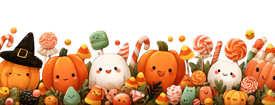 Cute cartoon border with pumpkins, candy corn, gummy worms, and lollipops, isolated on white