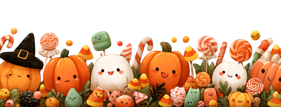 Cute cartoon border with pumpkins, candy corn, gummy worms, and lollipops, isolated on white - Powered by Adobe