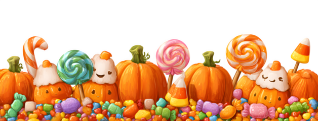 Cute cartoon border with pumpkins, candy corn, gummy worms, and lollipops, isolated on white