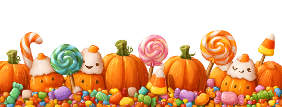 Cute cartoon border with pumpkins, candy corn, gummy worms, and lollipops, isolated on white
