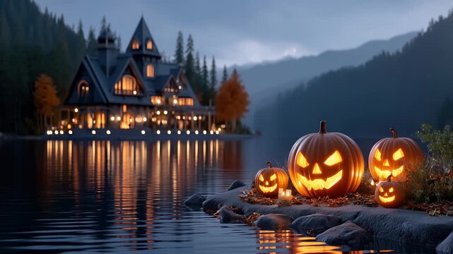 Halloween Jack-o-Lanterns by Lakeside House at Dusk