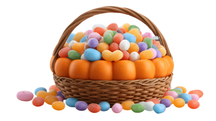 Cartoon pumpkin basket filled with rainbow jelly beans and gummies, isolated on white background