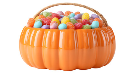 Cartoon pumpkin basket filled with rainbow jelly beans and gummies, isolated on white background