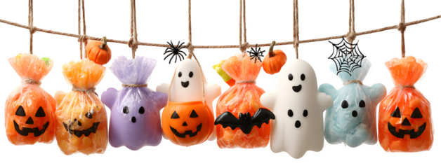 Ghosts floating in row with candy bags, pumpkins, bats, and spiderwebs, isolated on white