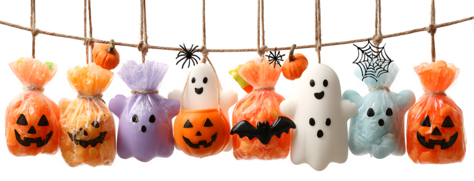 Ghosts floating in row with candy bags, pumpkins, bats, and spiderwebs, isolated on white