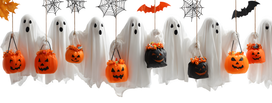 Ghosts floating in row with candy bags, pumpkins, bats, and spiderwebs, isolated on white
