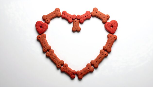 A heart shape is crafted from dog treat biscuits. The biscuits are arranged against a white background, with two heart-shaped treats