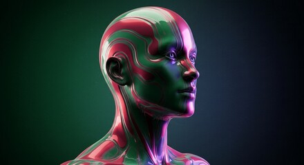 A futuristic human figure with metallic liquid skin flowing in smooth waves, blending gradient tones of blue, gold, and violet, glowing reflections on the body