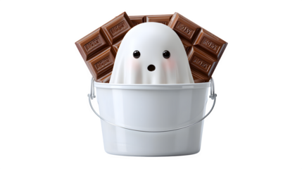 Cute ghost candy bucket with oversized chocolate bars, isolated on white background