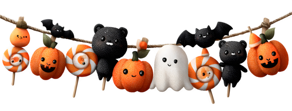 Cute cartoon garland of pumpkins, candy lollipops, bats, and ghosts, isolated on white - Powered by Adobe