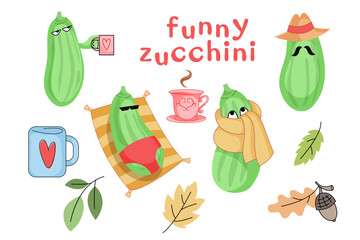 Funny zucchini characters vector illustration. Zucchini on the beach, zucchini in a scarf, zucchini in a hat, with a mug,
