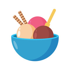 Ice cream scoops in a bowl flat vector design isolated on white background