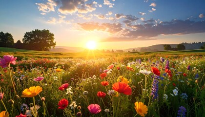 Fototapeta premium A vibrant field of wildflowers basks in golden sunlight at sunset