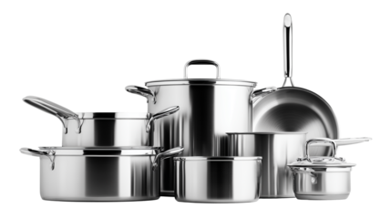 Stainless Steel Cookware Set on Transparent Background