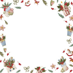 Christmas vertical border frame with vintage holiday elements: stockings, mugs, rocking horses, and an envelope. Hand drawn vector illustration