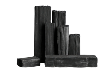 Charcoal briquettes stacked, varying lengths, against a stark black background