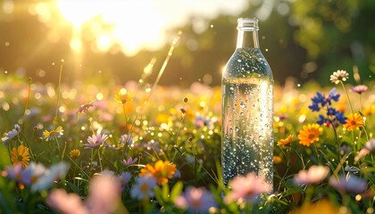 Crystal-clear water bottle amidst blooming wildflowers in a sunny meadow, droplets condensing on surface, representing hydration essential for energy and skin health.