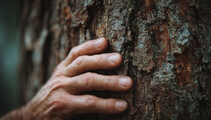 Close-Up Shot Of Man'S Hand Touching Tree Trunk: Care For The Environment, Saving The World With Human Love And Nature Conservation.