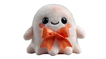 Cute ghost plush toy with ribbon bow, Halloween gift item, isolated on white background