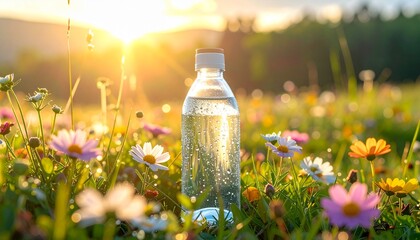 Crystal-clear water bottle amidst blooming wildflowers in a sunny meadow, droplets condensing on surface, representing hydration essential for energy and skin health.