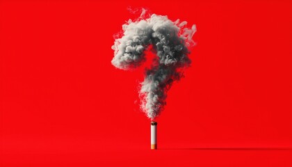 Red Background With Smoke Forming A Question Mark And A Lit Cigarette. The Image Depicts Uncertainty And Tobacco Use In An Artistic Way.
