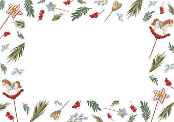 Christmas round border frame with pine cones, fir branches, jingle bells, and holly berries. Hand drawn vector illustration