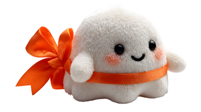 Cute ghost plush toy with ribbon bow, Halloween gift item, isolated on white background