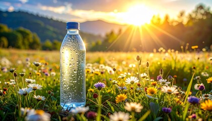 Crystal-clear water bottle amidst blooming wildflowers in a sunny meadow, droplets condensing on surface, representing hydration essential for energy and skin health.