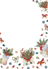 Christmas vertical border frame with vintage holiday elements: stockings, mugs, rocking horses, and an envelope. Hand drawn vector illustration