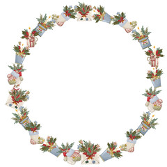 Christmas round border frame or wreath with holiday mugs, stockings, and winter mail. Hand drawn vector illustration in vintage style