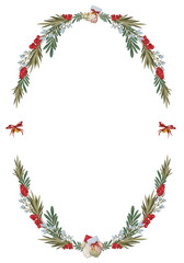 Christmas oval border frame with holiday foliage, berries, jingle bells, and a tiny stocking. Hand drawn vector illustration.