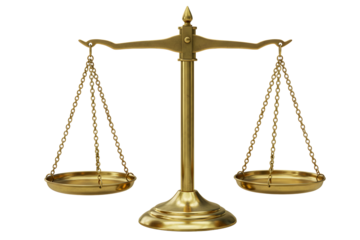 Golden Scales of Justice. Isolated on transparent background, png