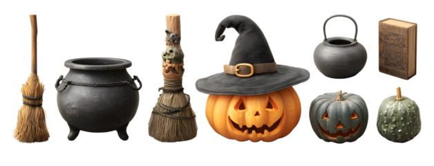 Collection of witch accessories broomsticks, hats, cauldrons, spell books, and jack-o-lanterns, isolated on white