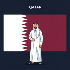 Gulf man standing proudly on Qatari background holding national flag, vector illustration, digital art, culture, patriotism, identity, celebration, architecture, modern design