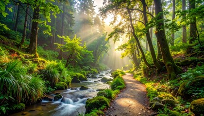 Serene forest trail with lush foliage and clear stream, morning mist rising, evoking peaceful outdoor activity for mental clarity and physical endurance