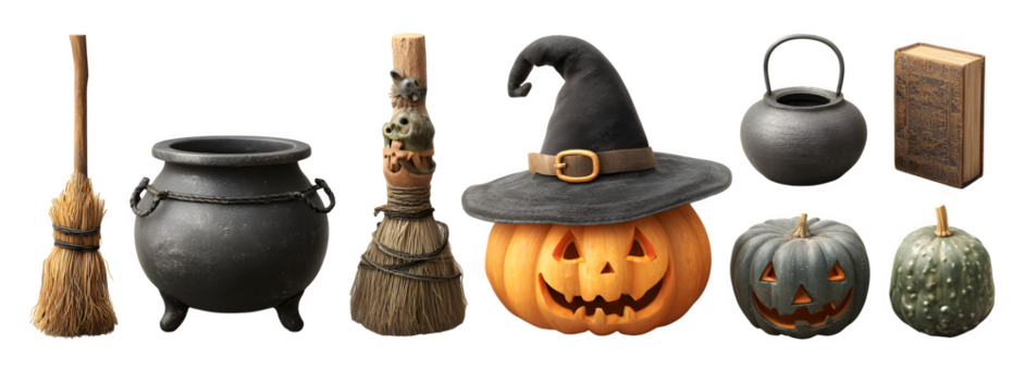 Collection of witch accessories broomsticks, hats, cauldrons, spell books, and jack-o-lanterns, isolated on white