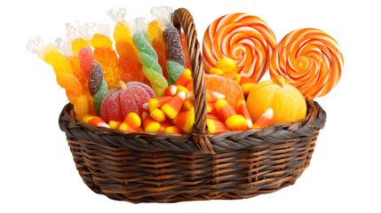Gift basket filled with gummy worms, lollipops, and candy corn, isolated on white background