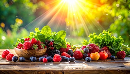 Vibrant array of colorful fresh berries and greens on a wooden table, sunlight streaming through window, dew drops glistening, symbolizing nutritious diet for vitality and wellness