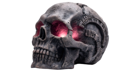 Creepy skull decoration with glowing red eyes, isolated on white background