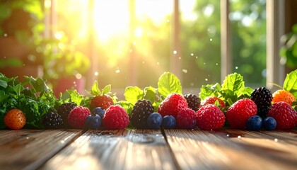 Vibrant array of colorful fresh berries and greens on a wooden table, sunlight streaming through window, dew drops glistening, symbolizing nutritious diet for vitality and wellness