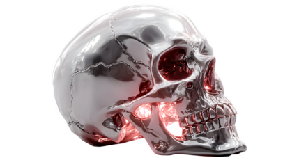 Creepy skull decoration with glowing red eyes, isolated on white background
